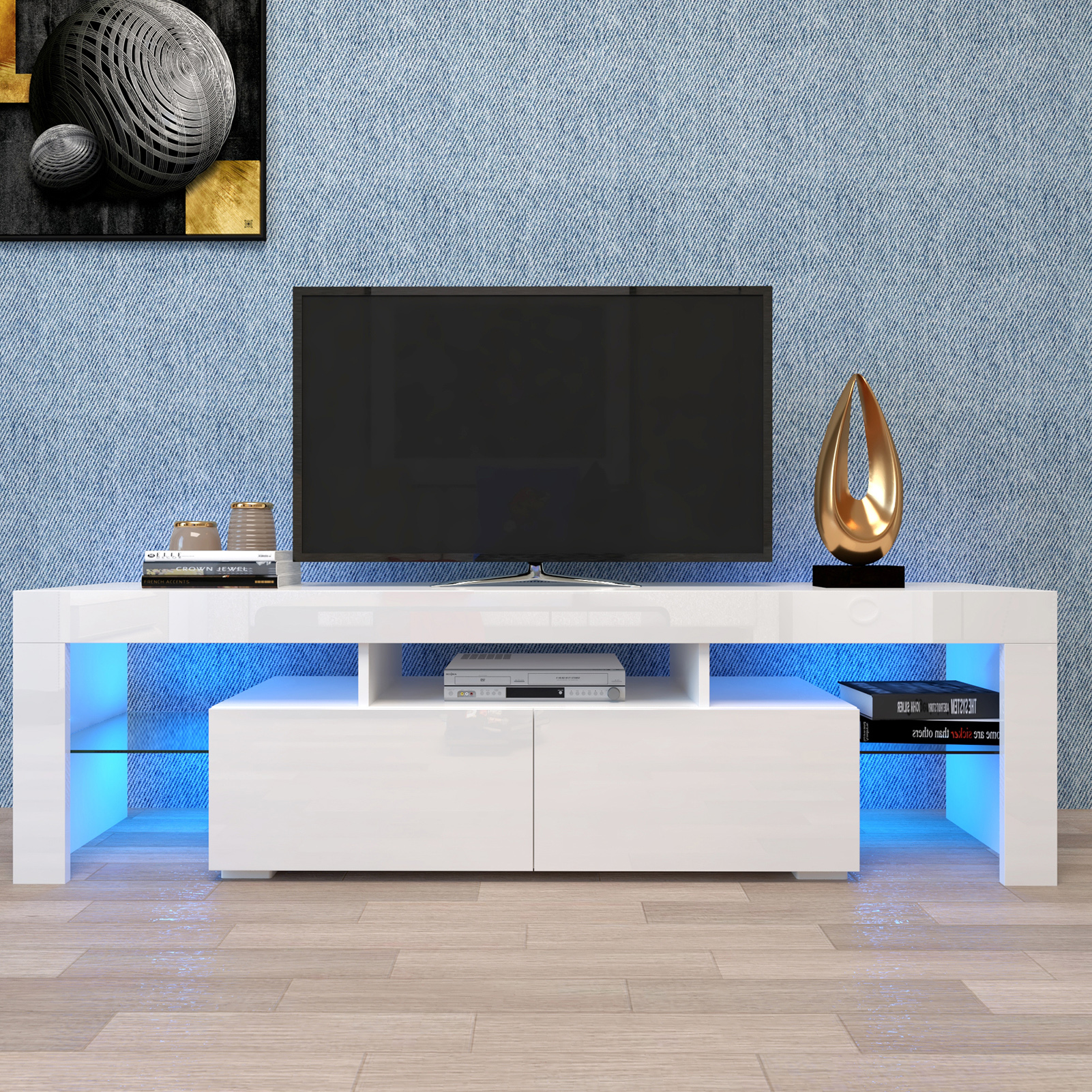 High Gloss TV Unit Cabinet Stand with LED Lights Shelves Home Furniture &Drawers 